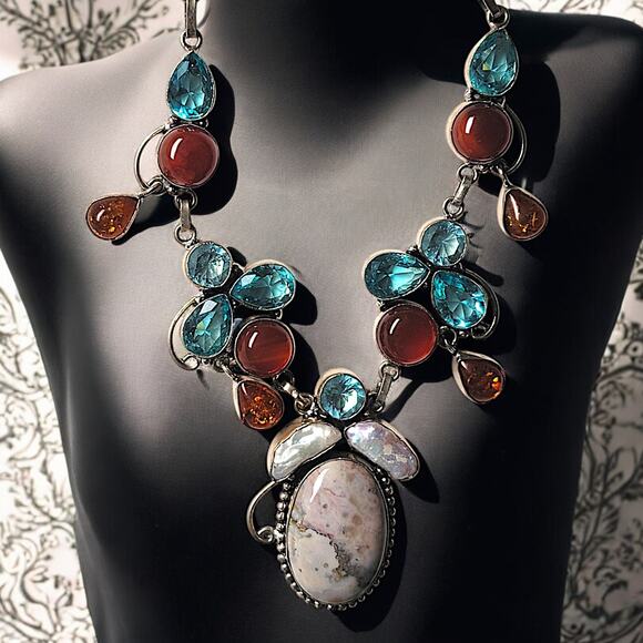 Sterling Silver Gemstone Necklace With Blue Topaz, Carnelian, Amber, And Pearls - Picture 1 of 10